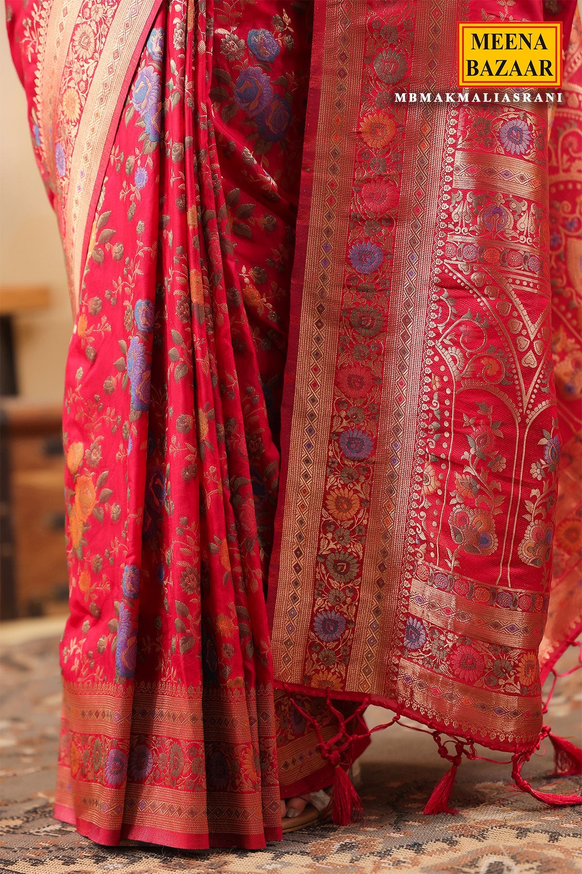 Rani Silk Saree with Multicolour Floral Banarasi Weave