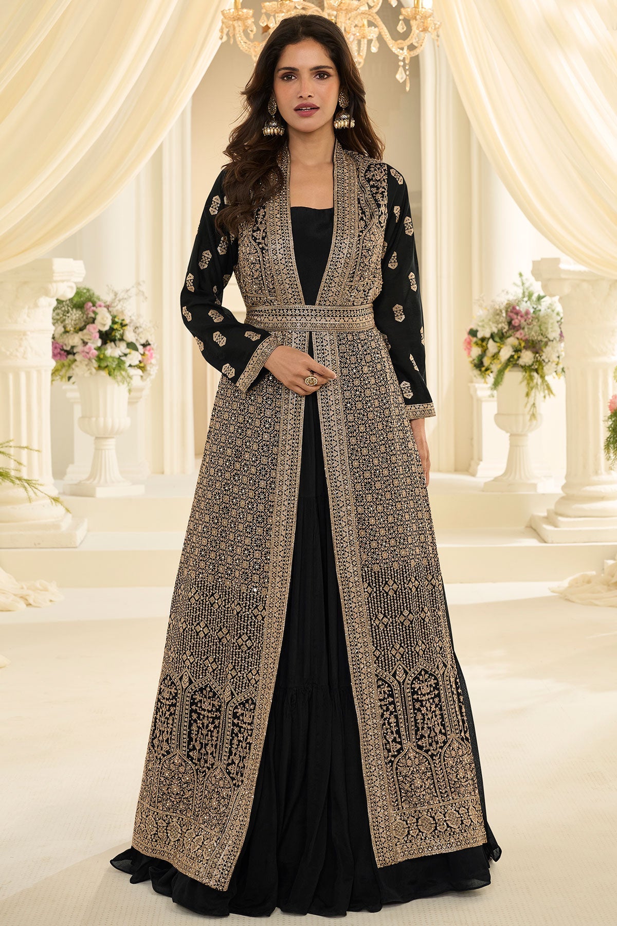 Black Chinon Ready-Made Suit with Designer Long Jacket