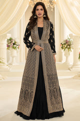 Black Chinon Ready-Made Suit with Designer Long Jacket