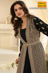 Black Chinon Ready-Made Suit with Designer Long Jacket
