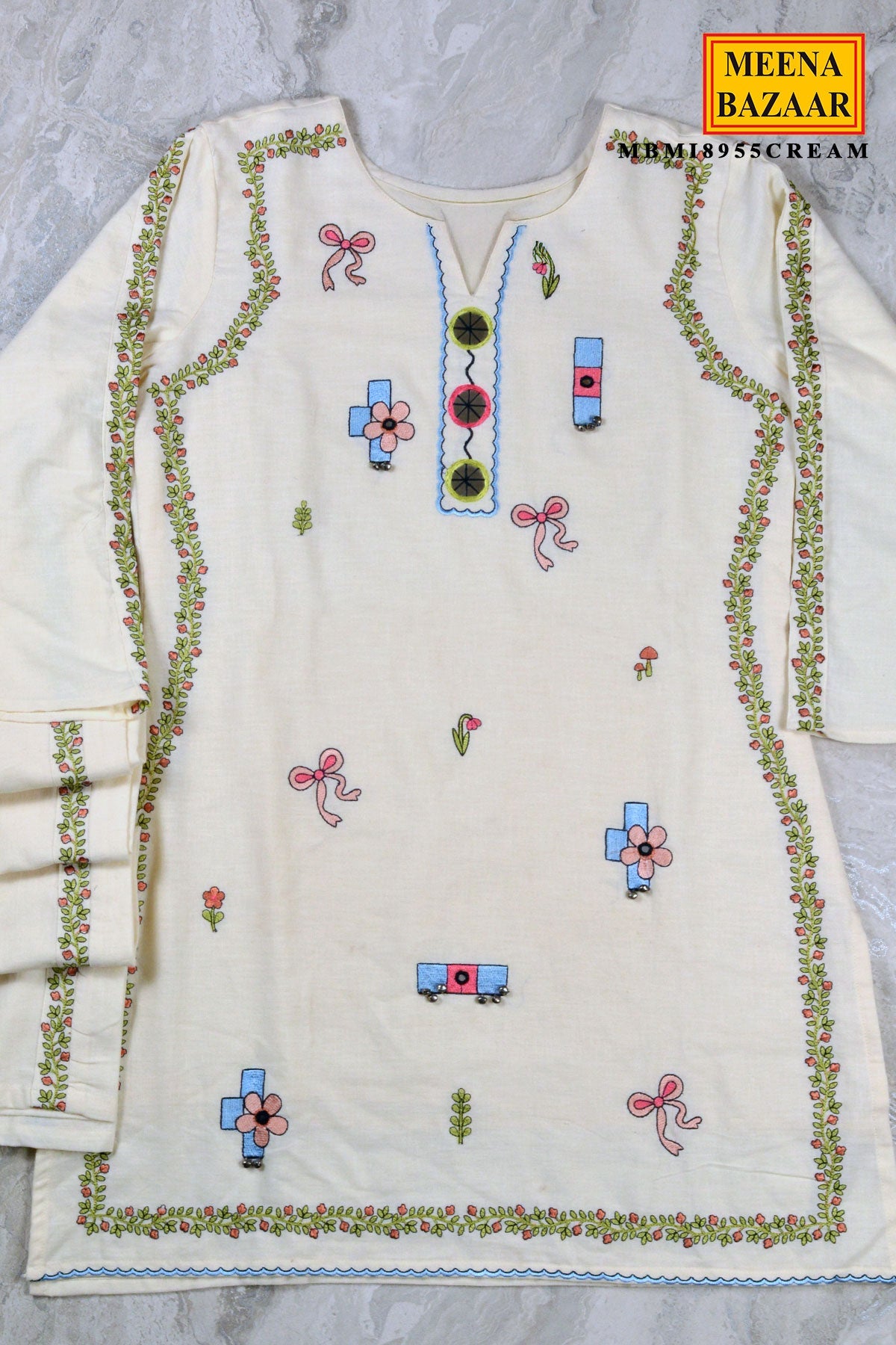 Cream Cotton Embroidered Cord Set