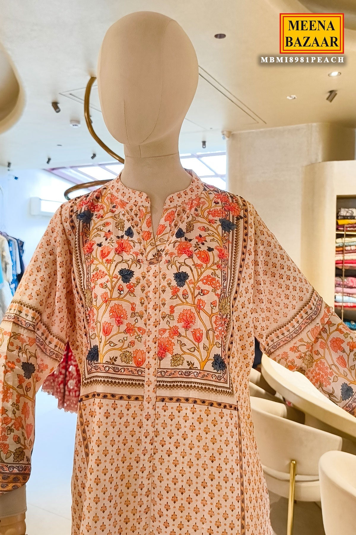 Peach Floral Embroidered Kurta Set with Printed Pants