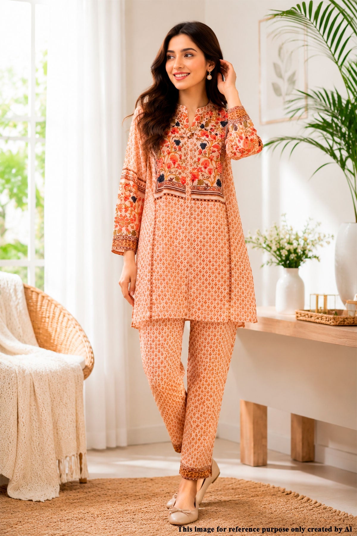 Peach Floral Embroidered Kurta Set with Printed Pants