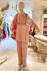 Peach Floral Embroidered Kurta Set with Printed Pants