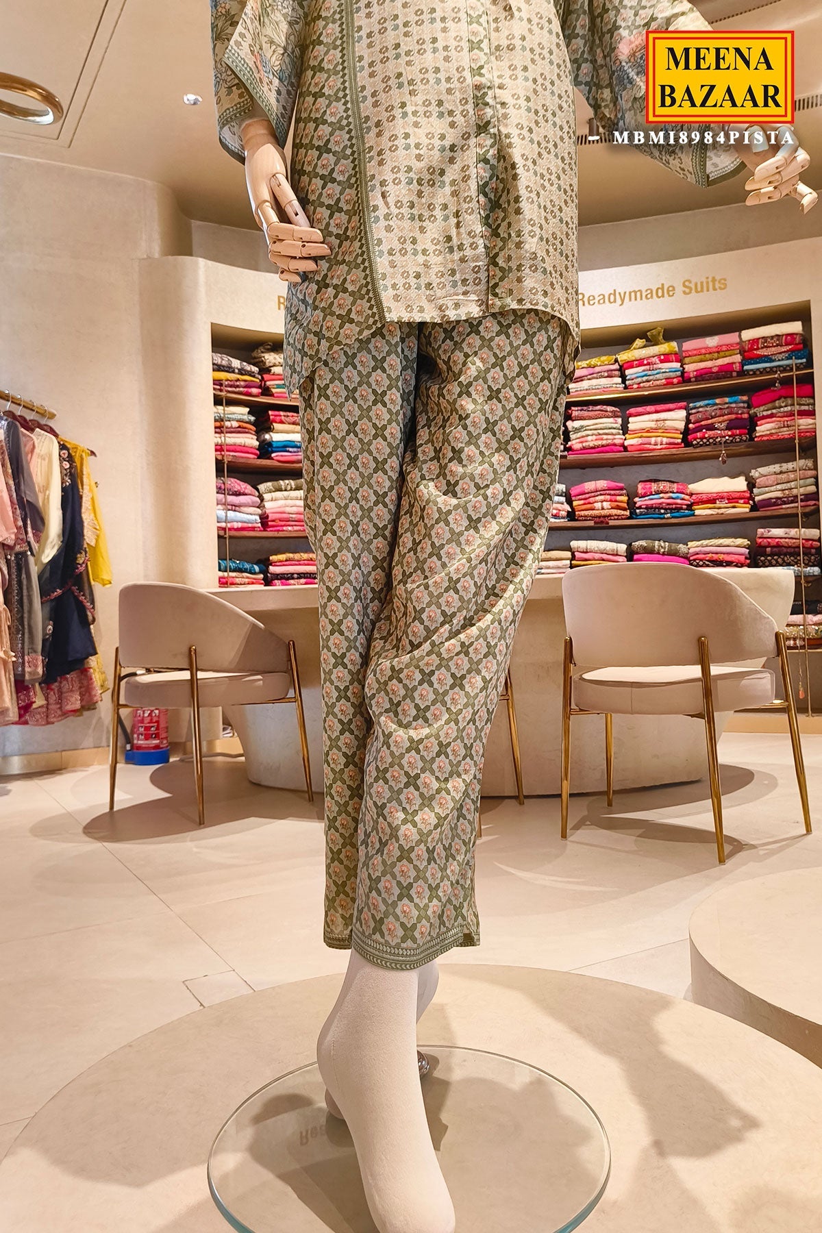 Pista Printed Kurta Set with Floral Yoke