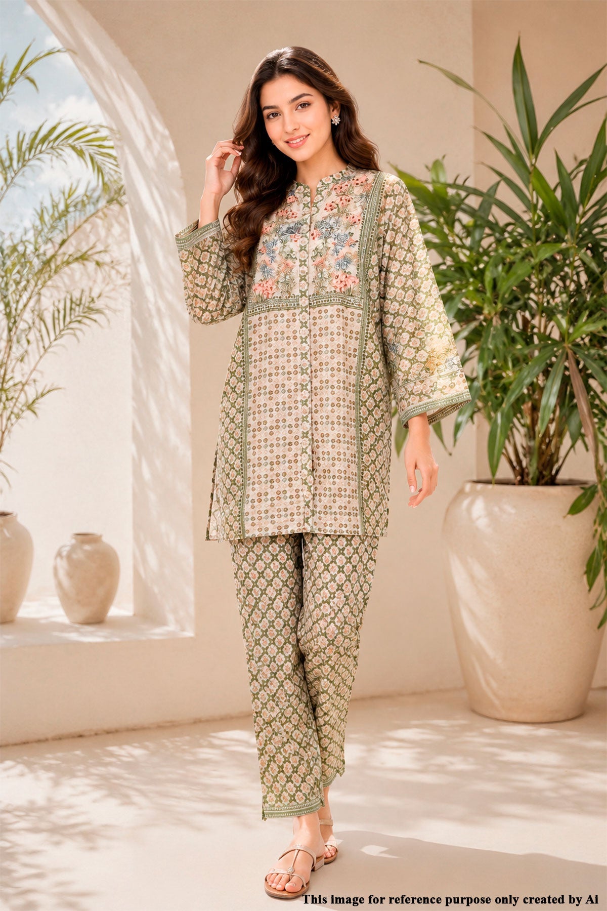 Pista Printed Kurta Set with Floral Yoke
