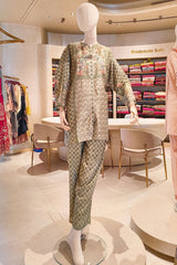 Pista Printed Kurta Set with Floral Yoke