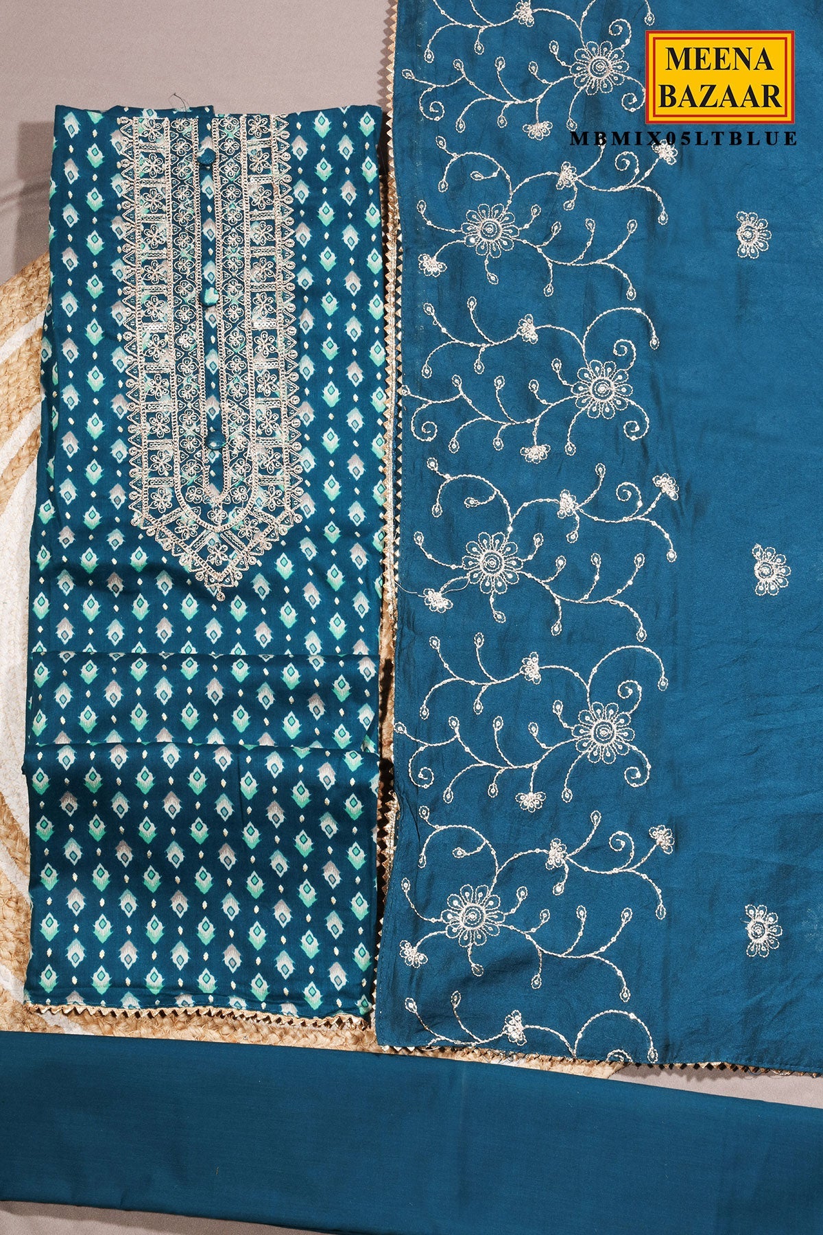 Blue Maslin Neck Embroidered Suit Set