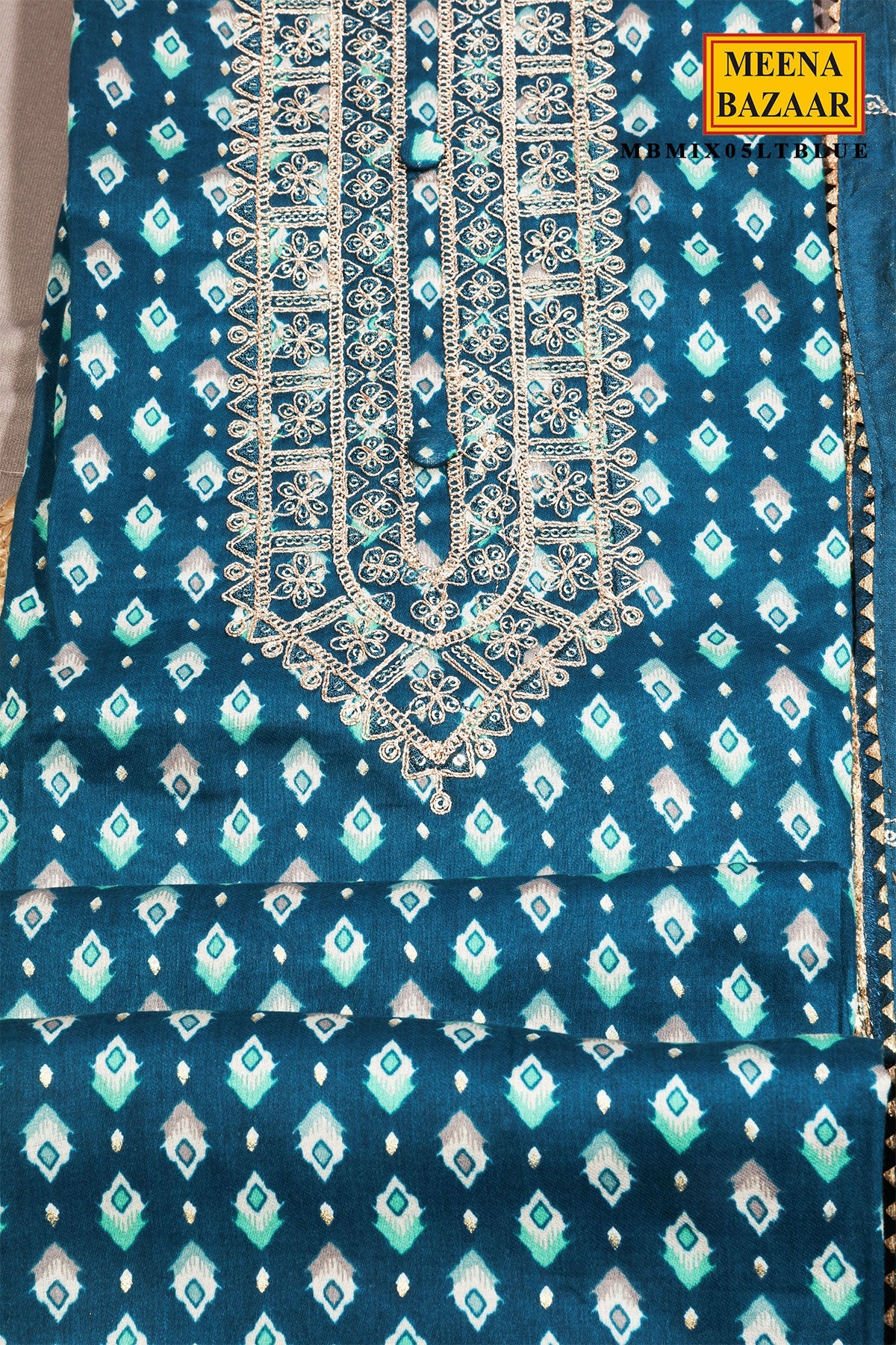 Blue Maslin Neck Embroidered Suit Set