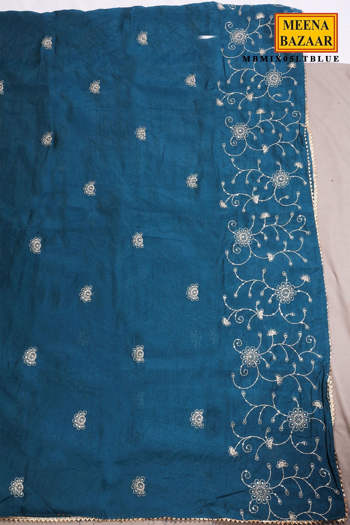 Blue Maslin Neck Embroidered Suit Set
