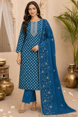 Blue Maslin Neck Embroidered Suit Set