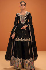 Black Chinon Embroidered Ready Made Suit