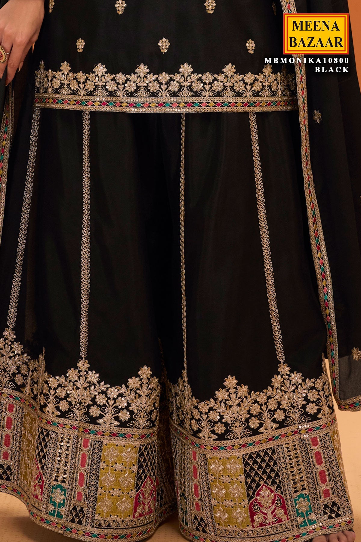 Black Chinon Embroidered Ready Made Suit