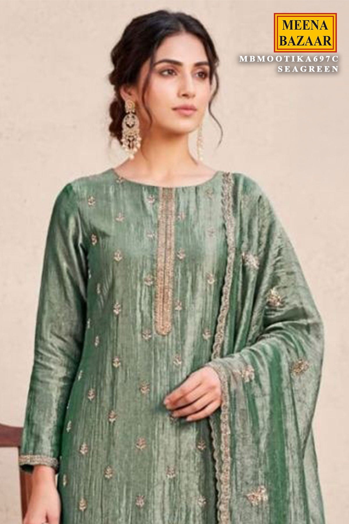 Sea Green Crush Tissue Embroidered Suit