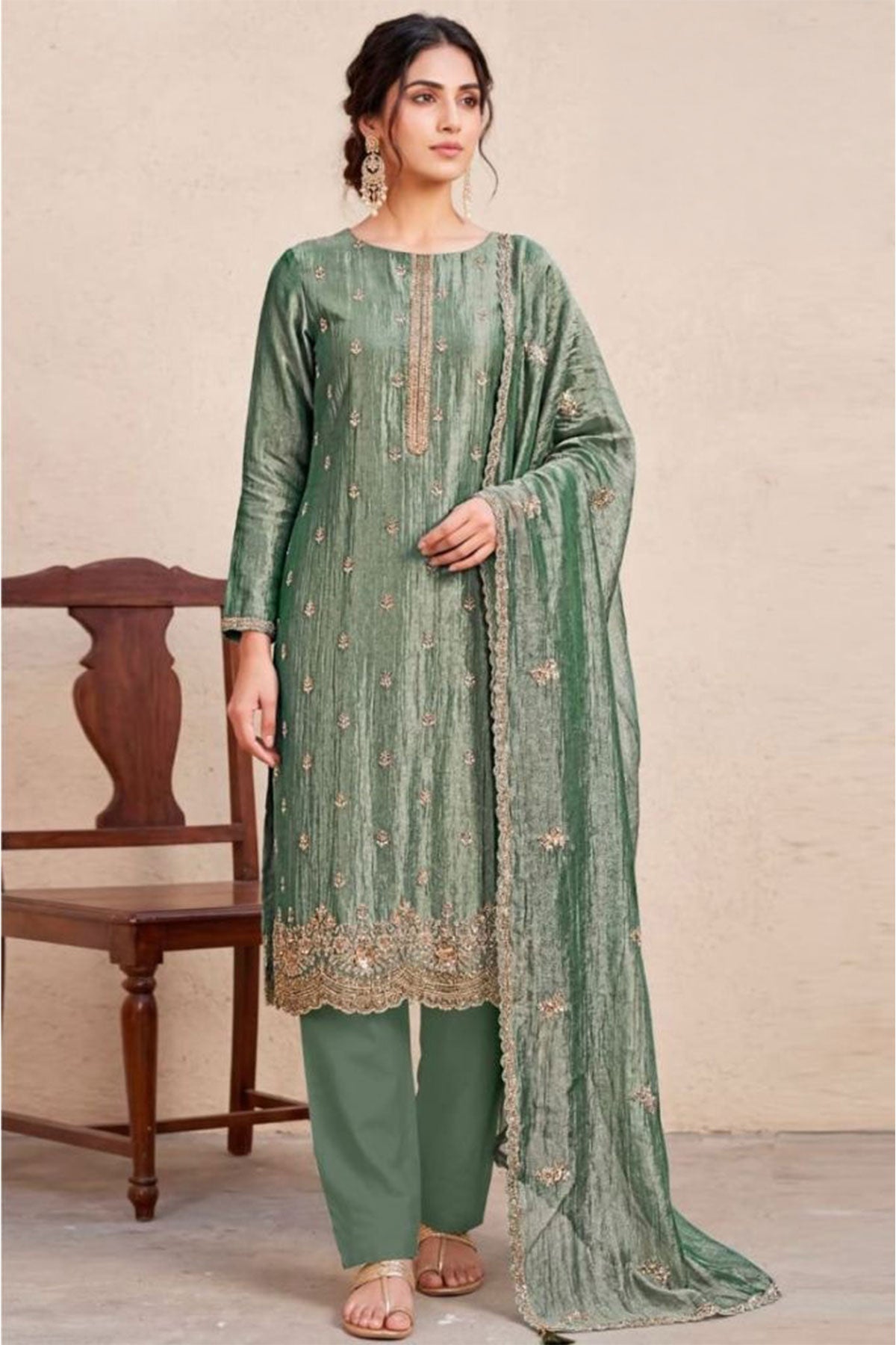 Sea Green Crush Tissue Embroidered Suit