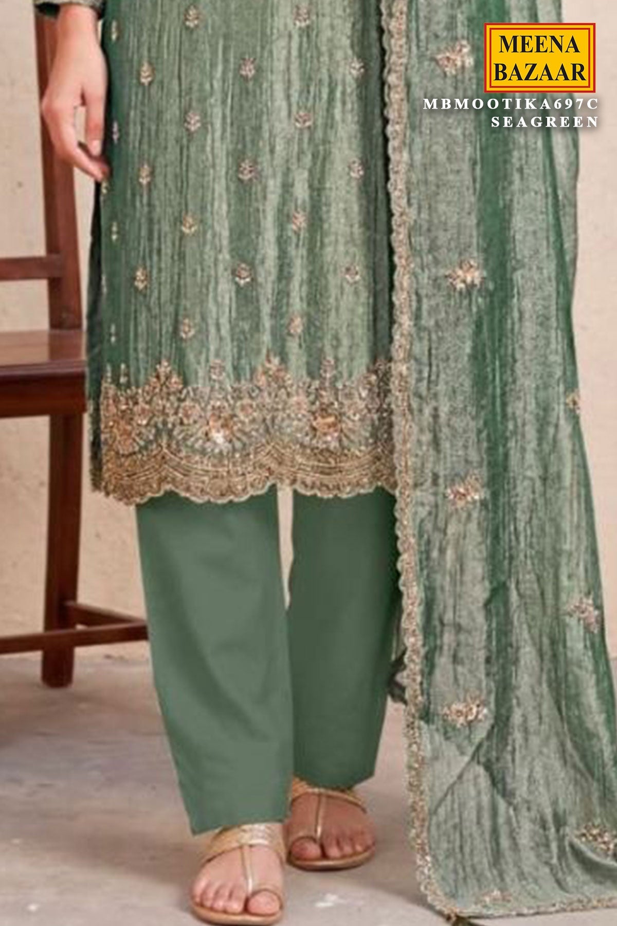 Sea Green Crush Tissue Embroidered Suit