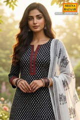 Black Ethnic Printed Unstitched Suit Piece Set