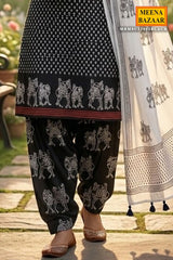 Black Ethnic Printed Unstitched Suit Piece Set