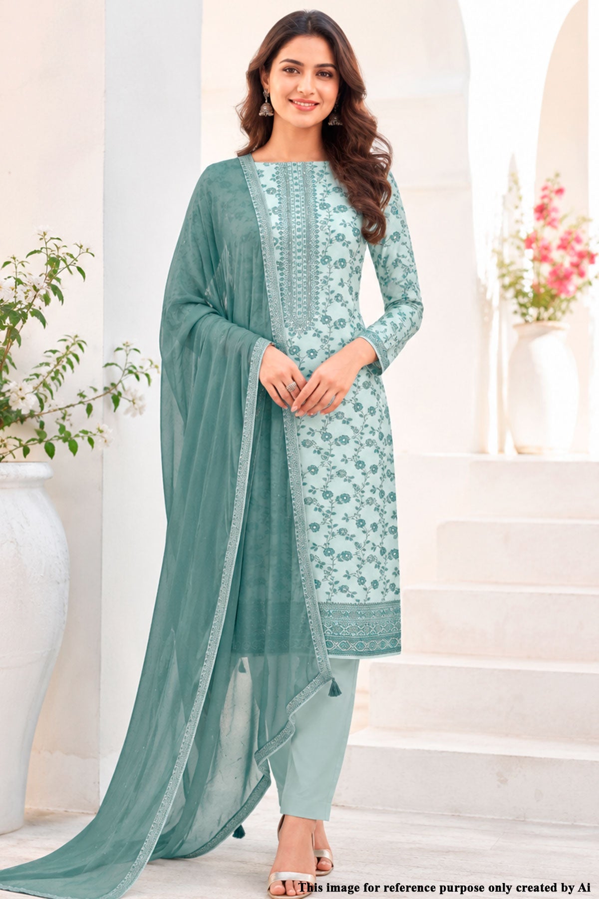 Grey Embroidered Silk Unstitched Suit Set with Dupatta for Women