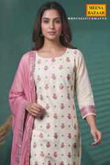 Pink Embroidered Silk Unstitched Suit Set with Dupatta for Women