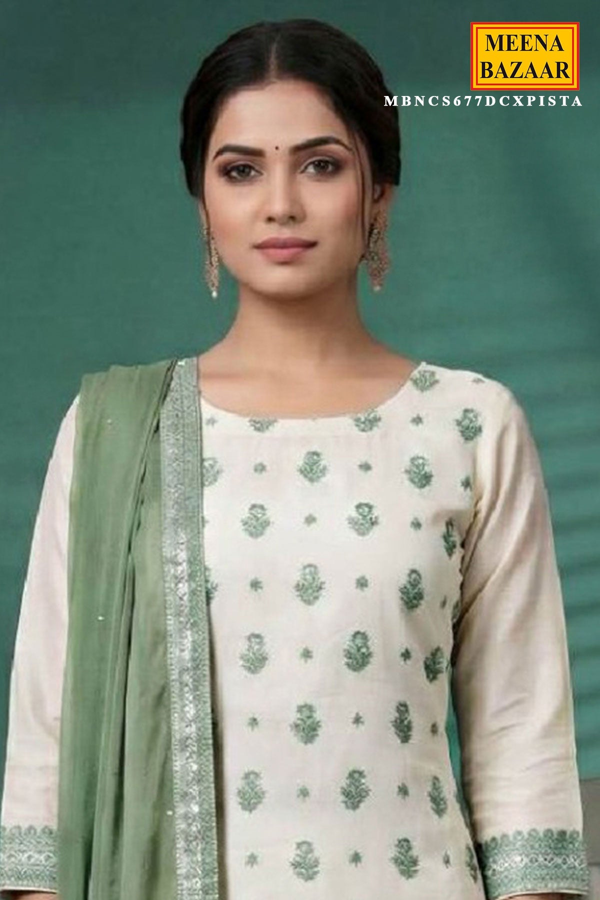 White & Pista Printed Silk Embroidered Unstitched Suit Set