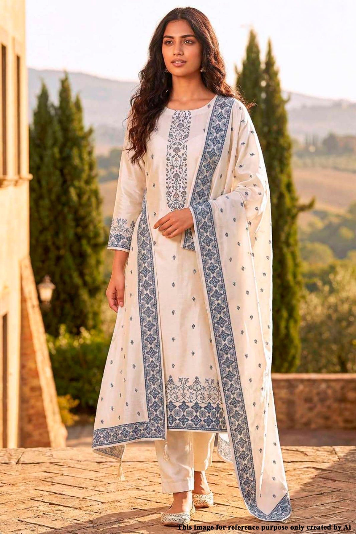 White Cotton Unstitched Suit Set with Grey Prints & Weaving Design