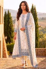 White Cotton Unstitched Suit Set with Grey Prints & Weaving Design