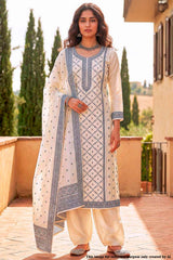 White & Grey Printed Cotton Unstitched Suit with Elegant Weaving Work