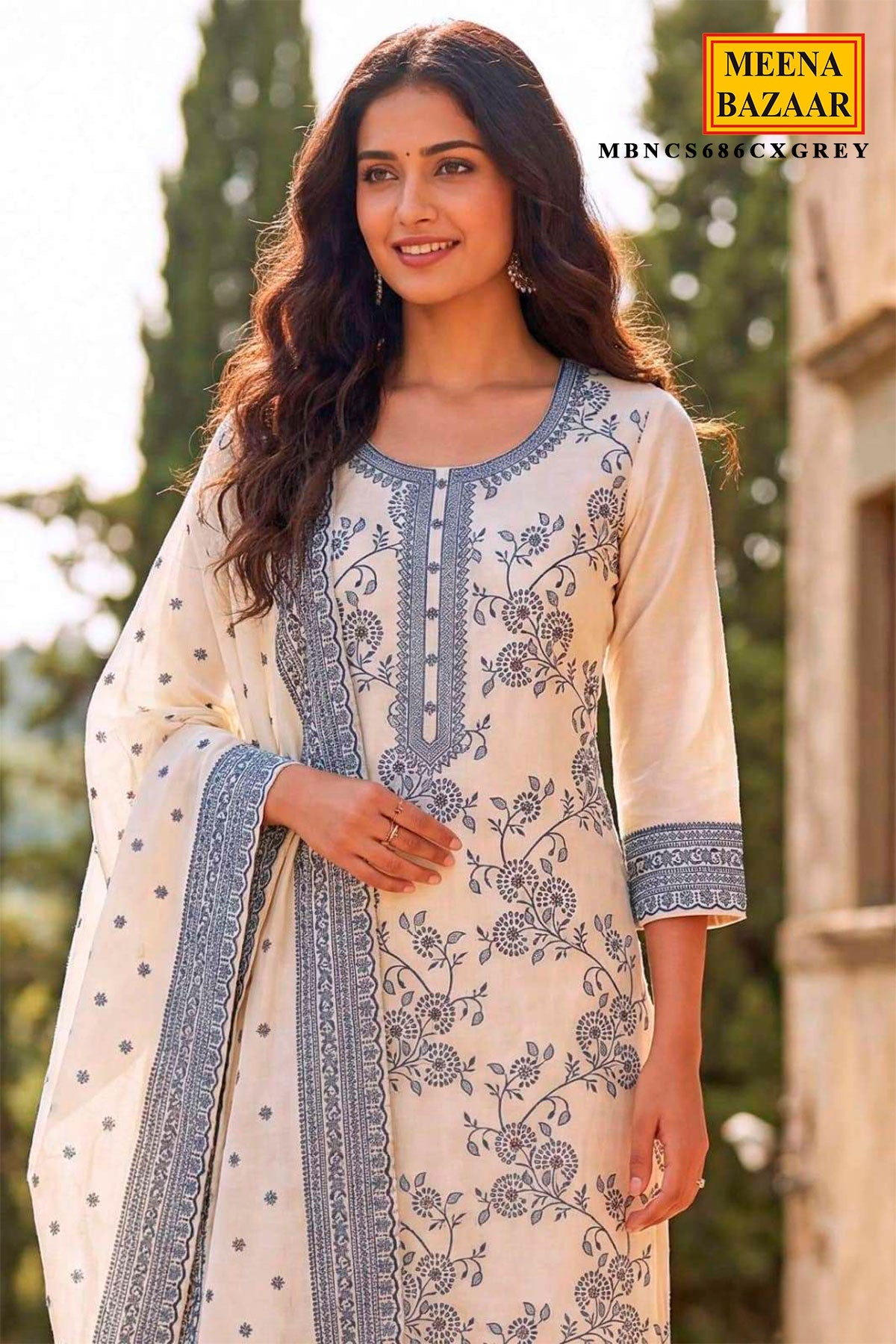 Elegant White Cotton Weaving Unstitched Suit Set with Grey Prints