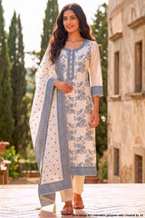 Elegant White Cotton Weaving Unstitched Suit Set with Grey Prints
