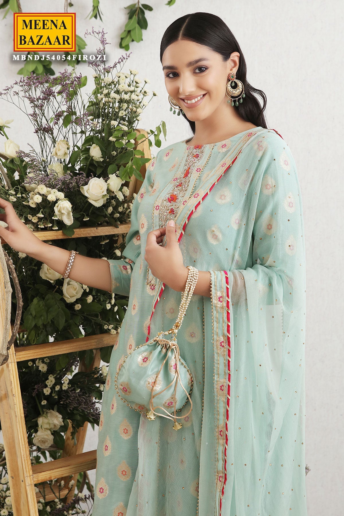 Firozi Chanderi Embroidered Suit Set