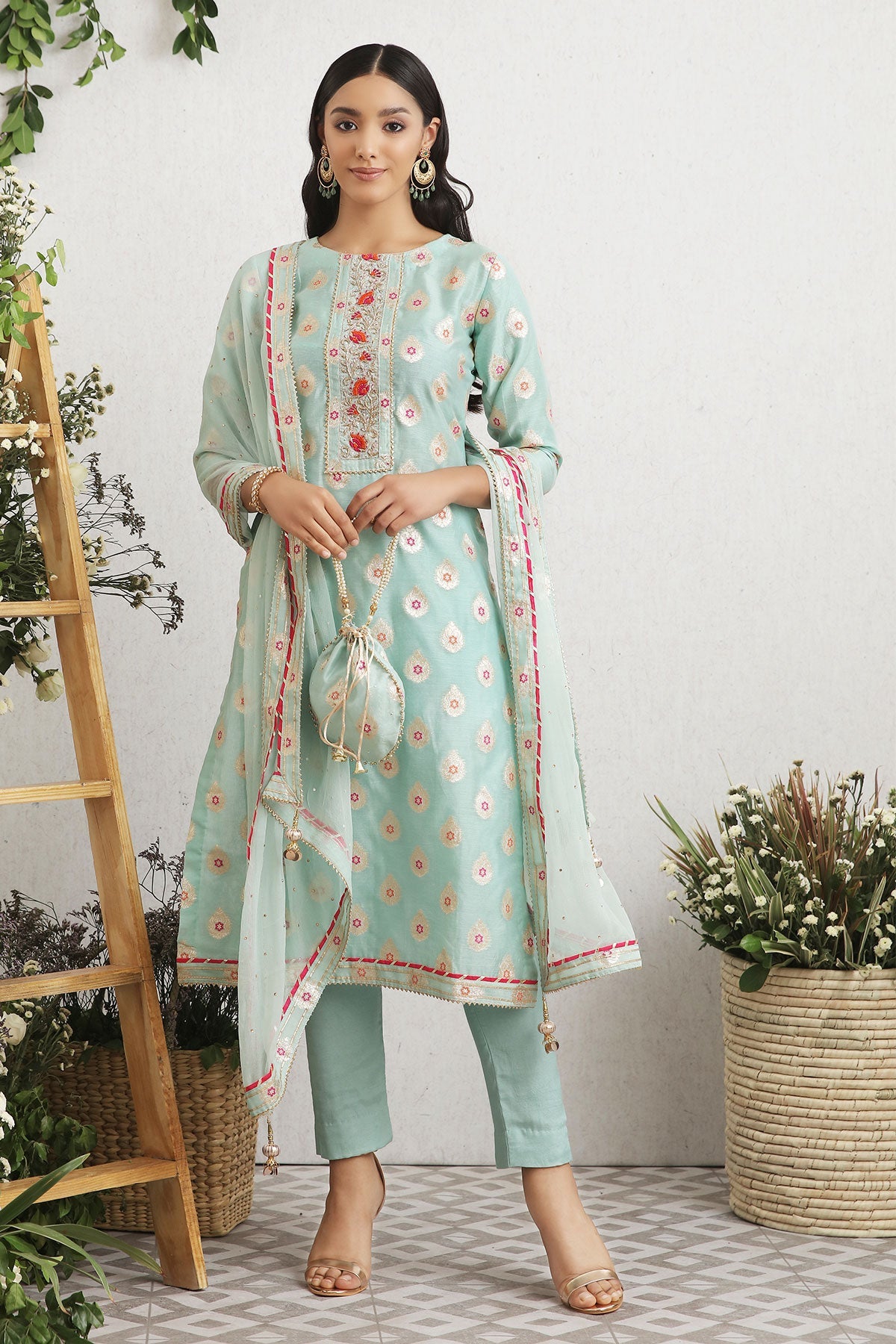 Firozi Chanderi Embroidered Suit Set