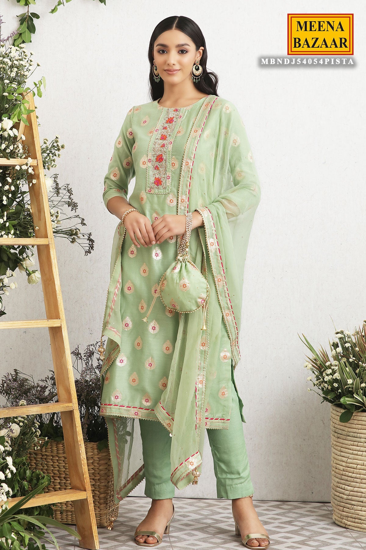 Pista Embroidered Chanderi Unstitched Suit