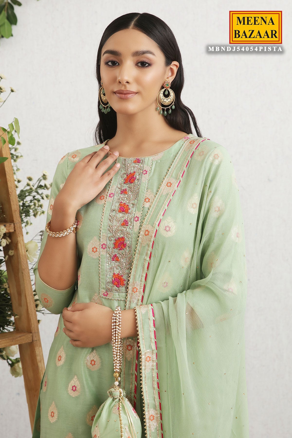 Pista Embroidered Chanderi Unstitched Suit