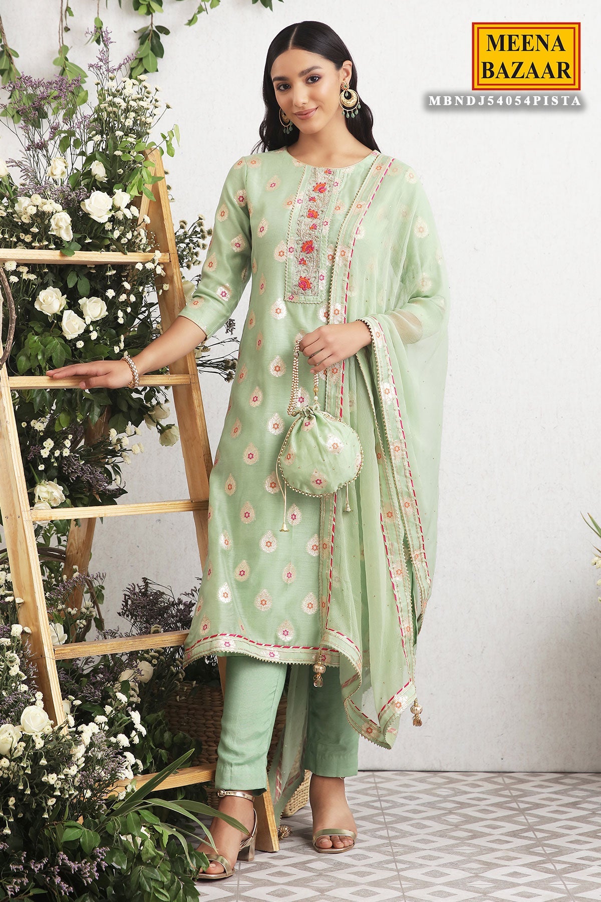 Pista Embroidered Chanderi Unstitched Suit