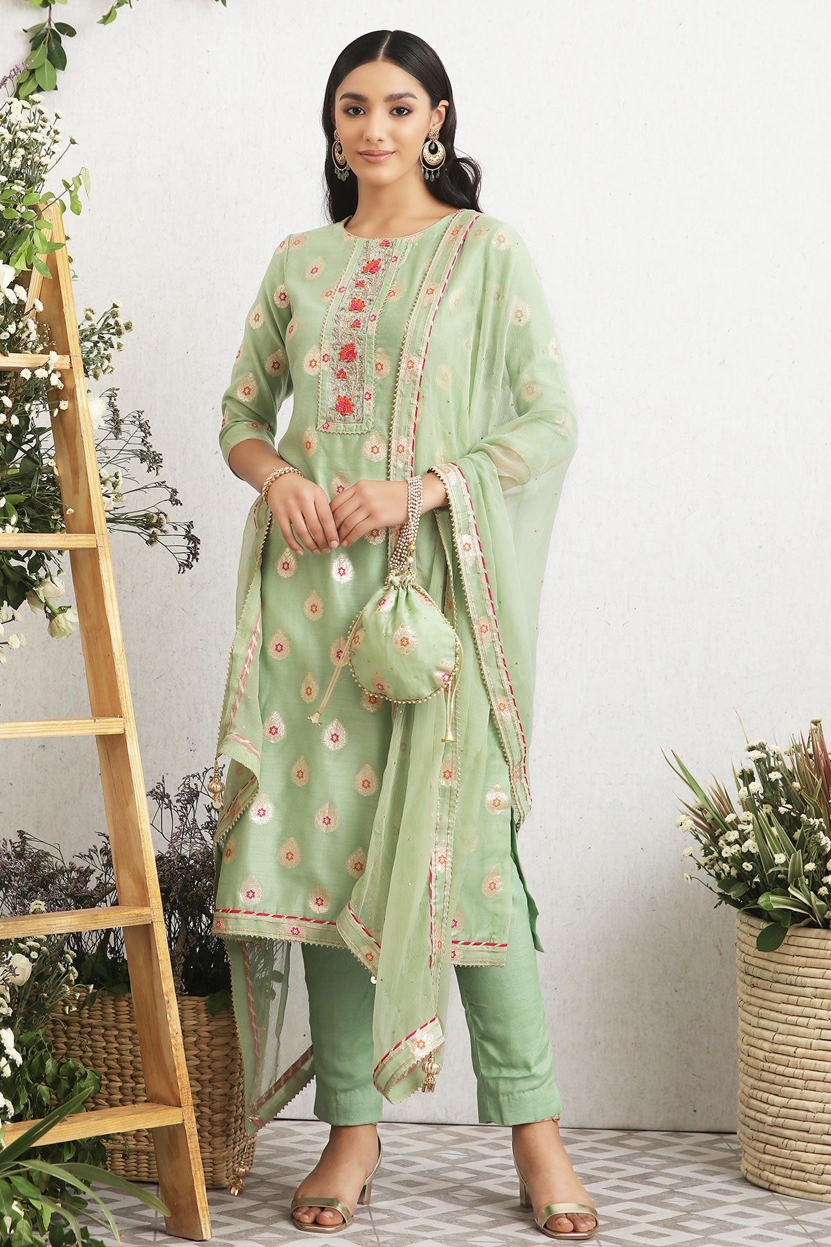 Pista Embroidered Chanderi Unstitched Suit