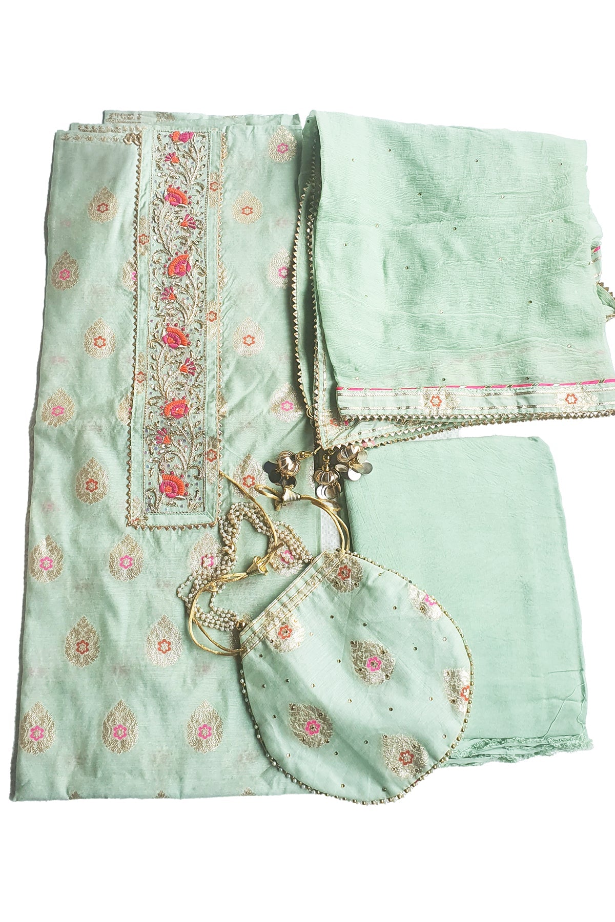 Firozi Chanderi Embroidered Suit Set