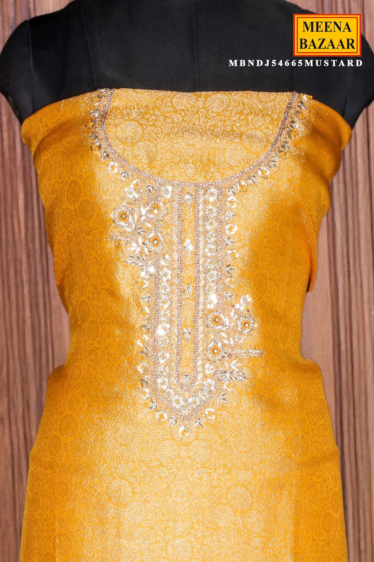 Mustard Brocade Unstitched Suit with Neck Embroidery