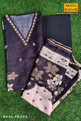 Black Cotton Embroidered Unstitched Suit