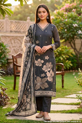 Black Cotton Embroidered Unstitched Suit