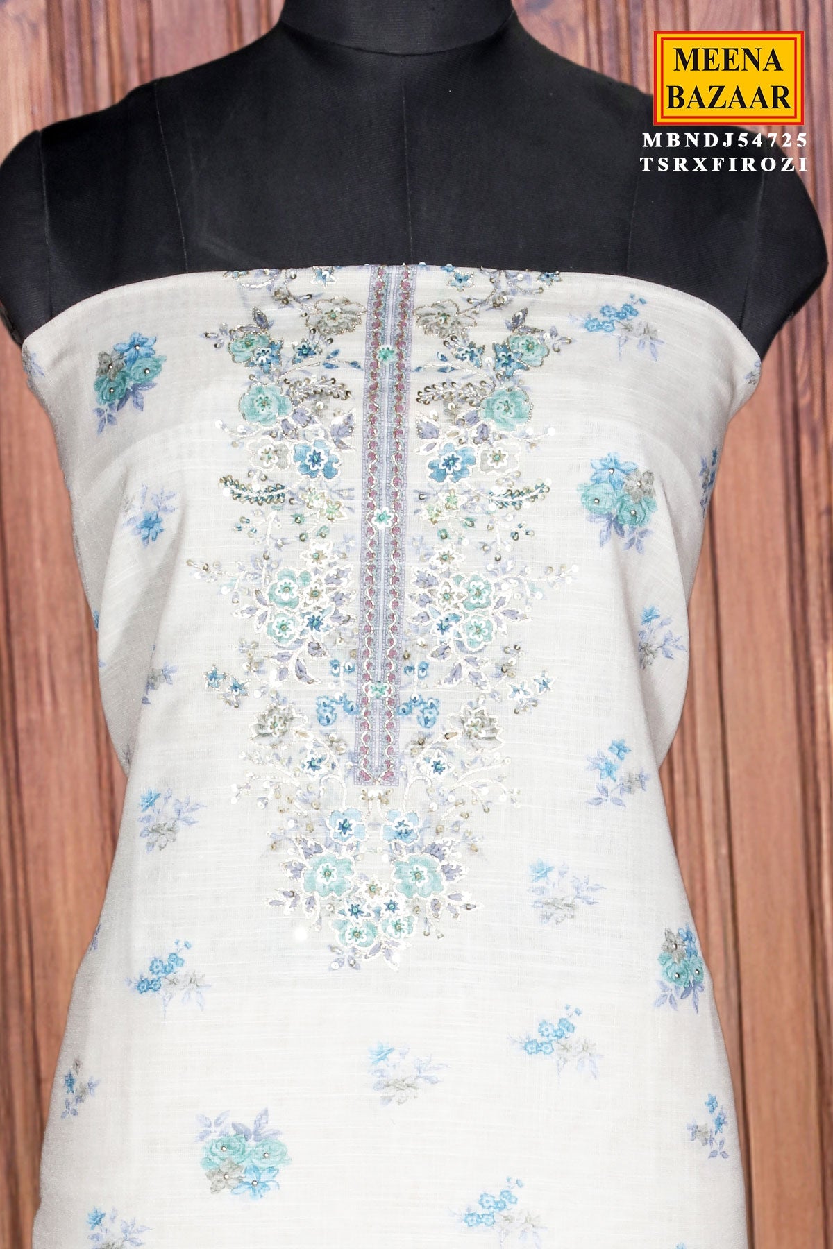 Firozi Cotton Unstitched Suit with Neck Embroidery