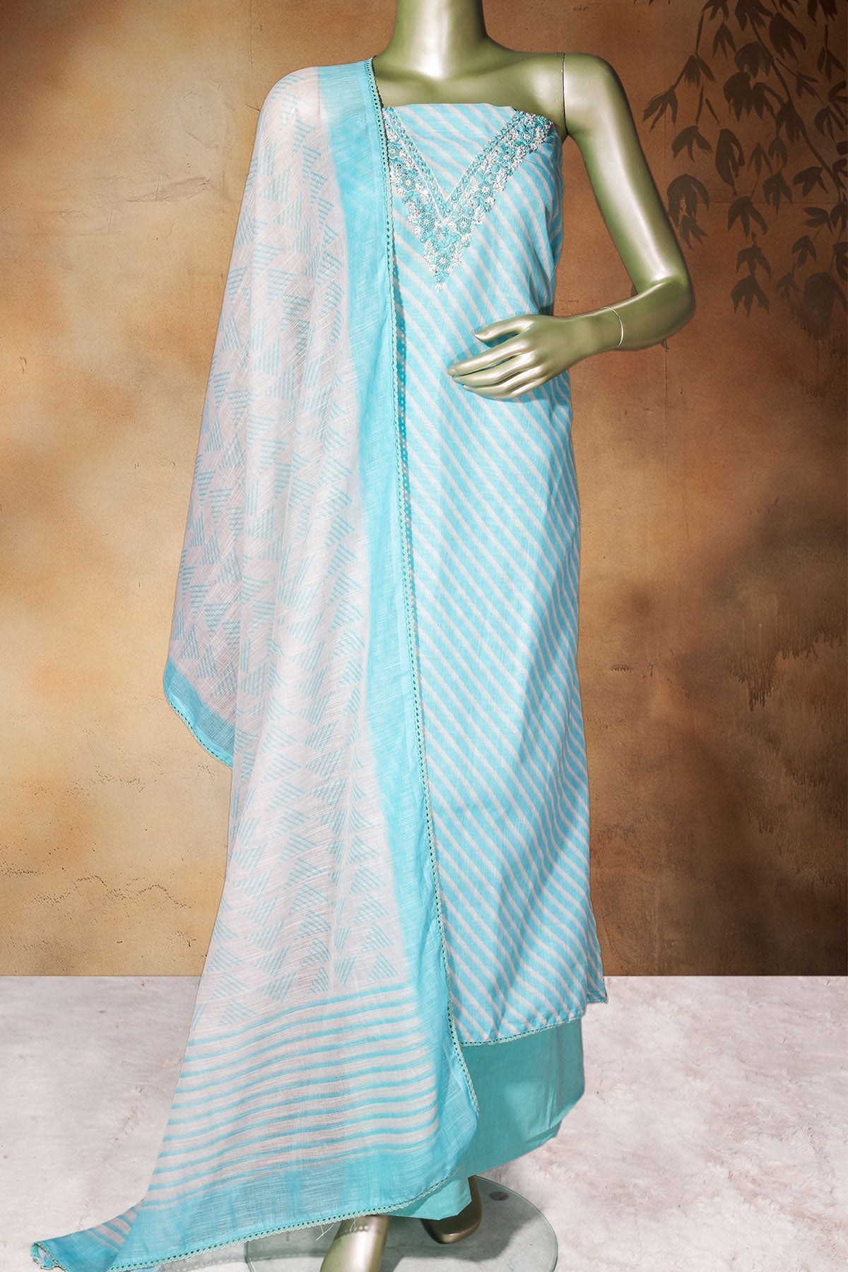 Firozi Cotton Unstitched Suit with Elegant Embroidery