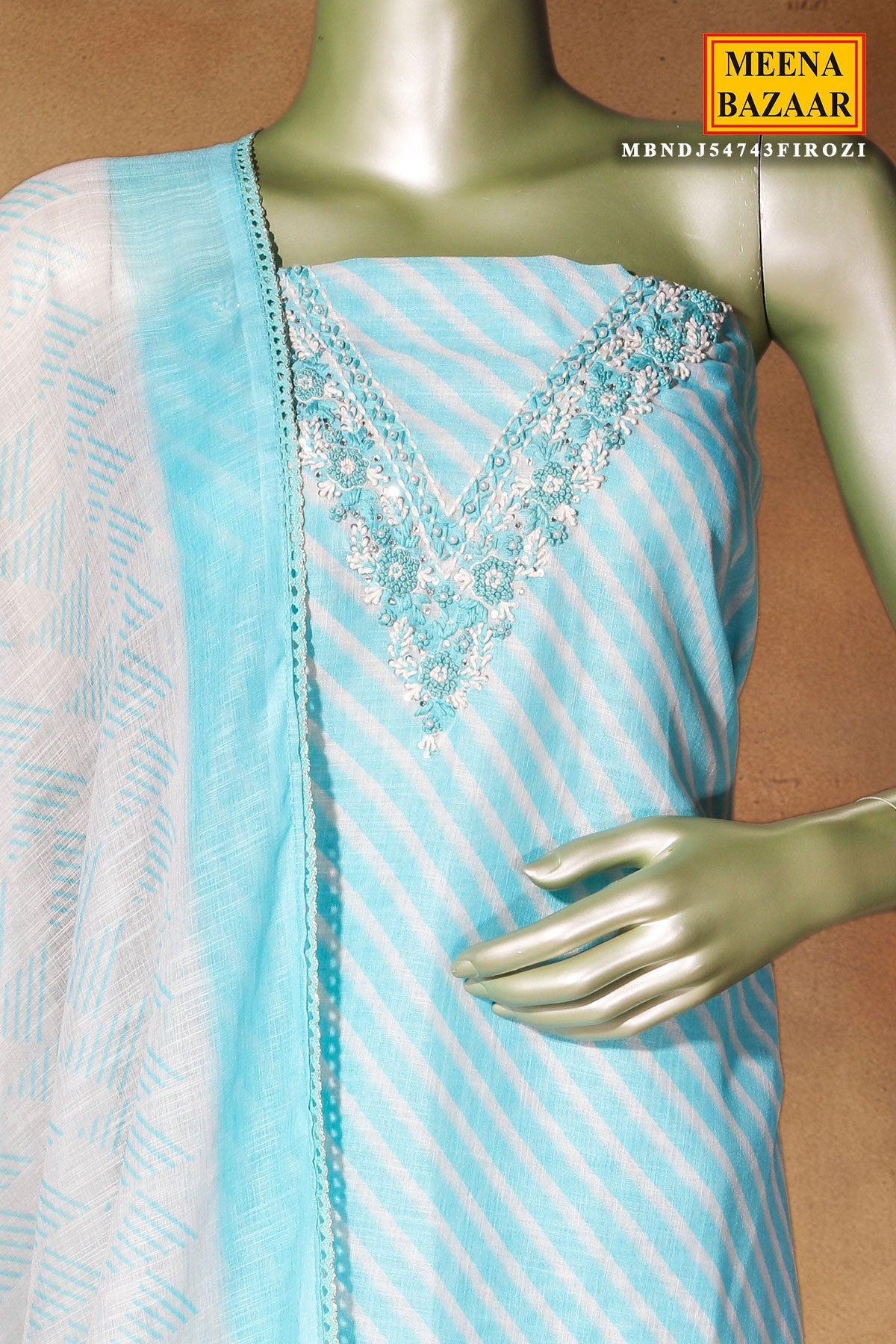 Firozi Cotton Unstitched Suit with Elegant Embroidery