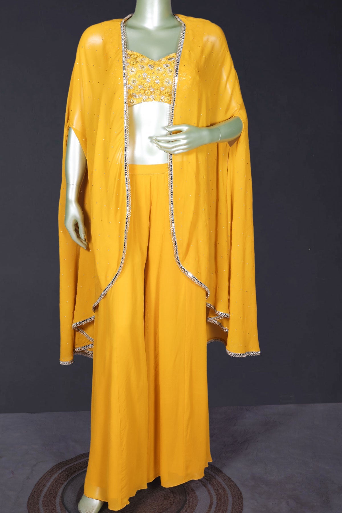 Mustard Georgette Embroidered Bustier-Skirt with Cape 3 Piece Co-ord Set