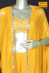 Mustard Georgette Embroidered Bustier-Skirt with Cape 3 Piece Co-ord Set