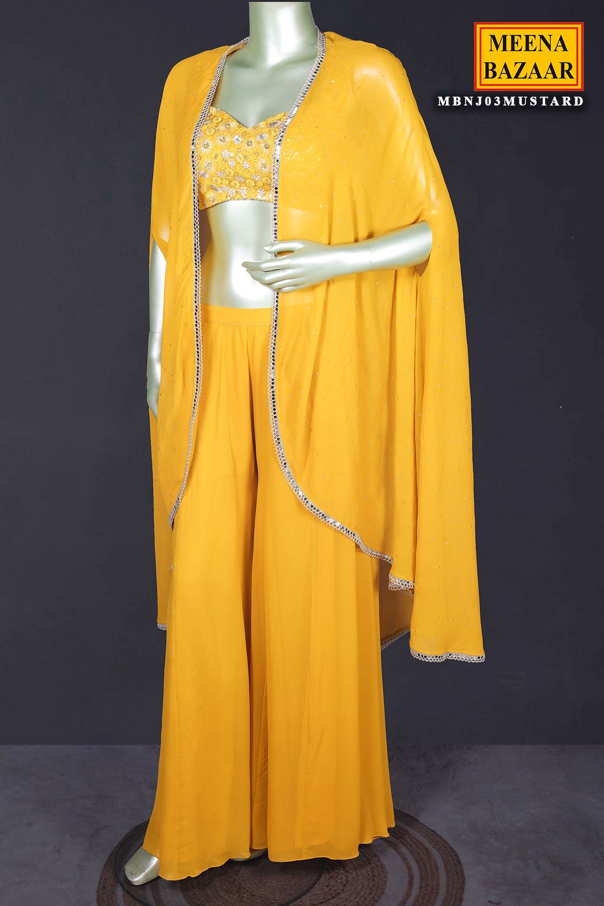 Mustard Georgette Embroidered Bustier-Skirt with Cape 3 Piece Co-ord Set