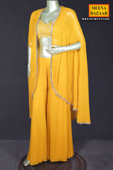 Mustard Georgette Embroidered Bustier-Skirt with Cape 3 Piece Co-ord Set