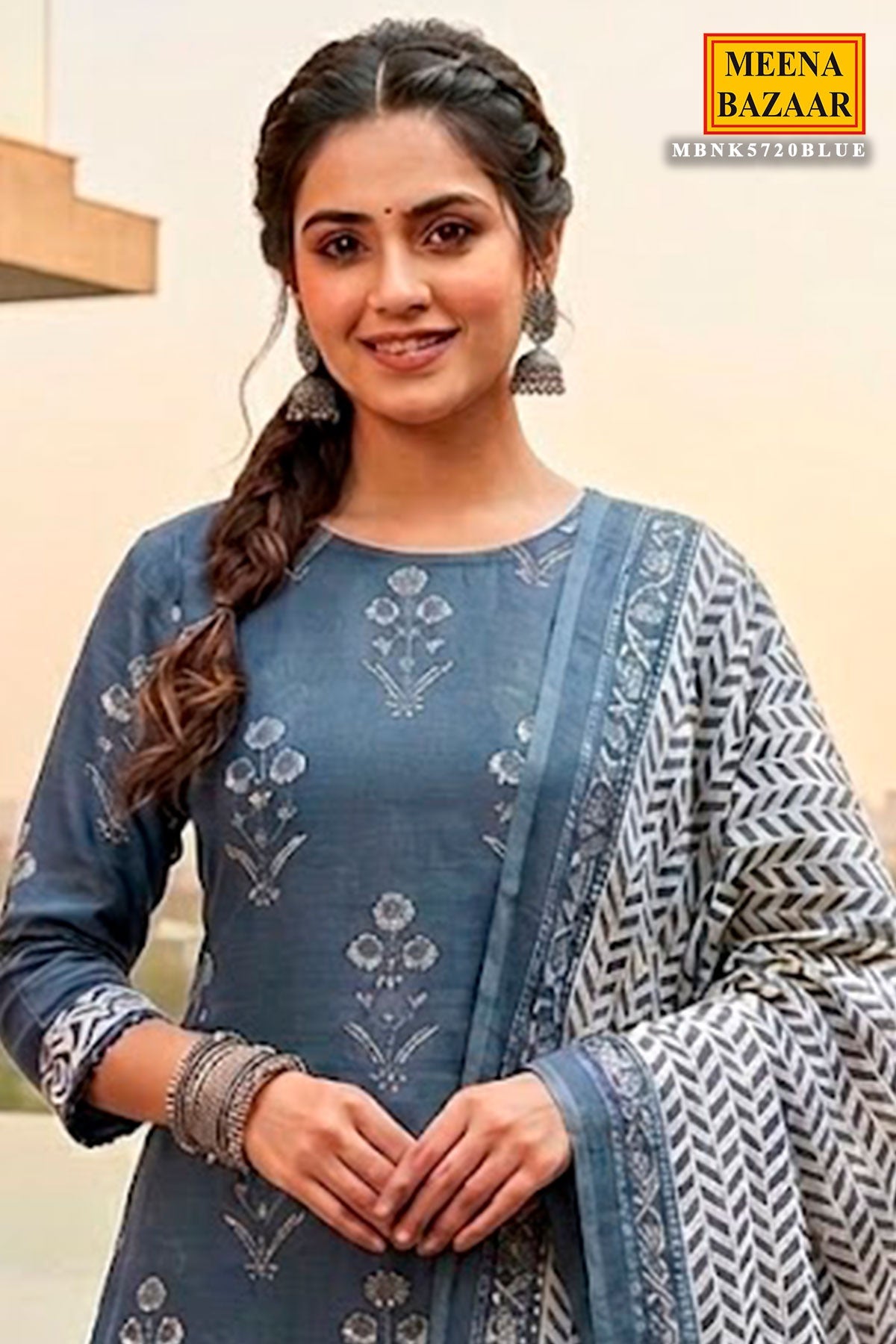 Blue Printed Cotton Unstitched Suit Set for Women