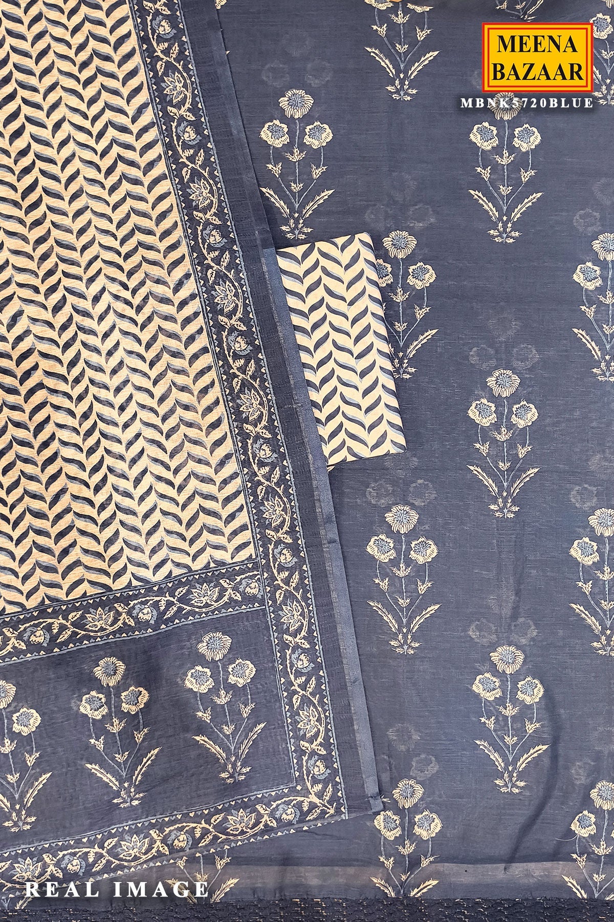 Blue Printed Cotton Unstitched Suit Set for Women