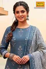 Blue Printed Cotton Unstitched Suit Set for Women